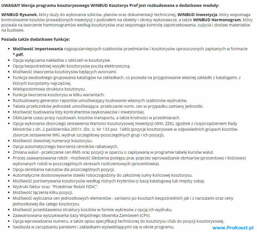 Winbud kosztorys program różnice w wersji prof